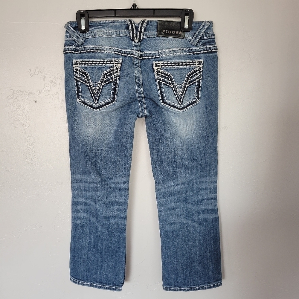 Vigoss The Chelsea Capri Sz 3/4 Denim Jeans Medium Wash Embroidered Distressed